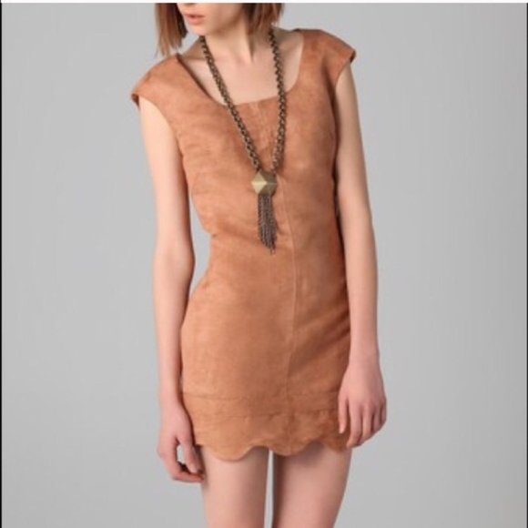 Finders Keepers | Size 12 | Faux Suede Tan Dress Exposed Back Scallop Hem Zip - Picture 2 of 11